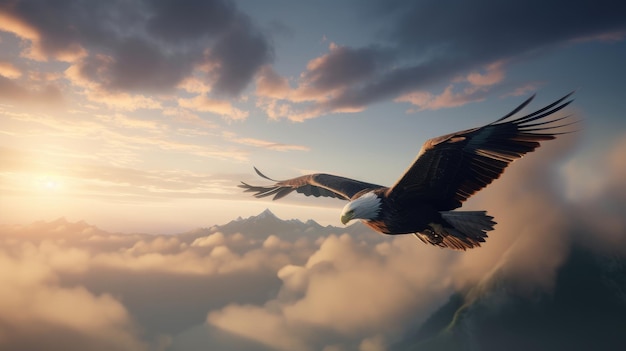 Adler fliegt mit Wolken und Sonne über die Berge