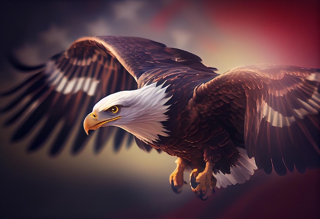 Adler mit amerikanischer Flagge fliegt am Himmel mit verschwommenem Bokeh und Sonnenlichteffekt. Unabhängigkeitstag erzeugt KI
