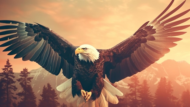 Adler mit amerikanischer Flagge fliegt in Freiheit bei Sonnenuntergang