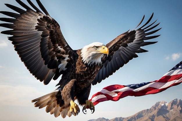 Adler mit amerikanischer Flagge fliegt in Freiheit