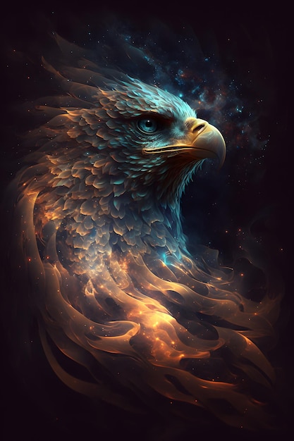Adlerkopf mit galaktischem Nebel verbunden Ein Adler auf schwarzem Hintergrund in einer magischen abstrakten Bearbeitung