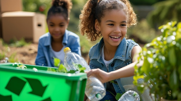 Administração ambiental em casa Famílias envolvidas em jardinagem de reciclagem ou atividades ecológicas que ensinam as crianças sobre a responsabilidade ambiental