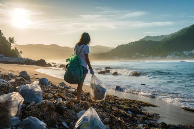 Administración ambiental mujer recogiendo basura en la playa de Pristine AI generada