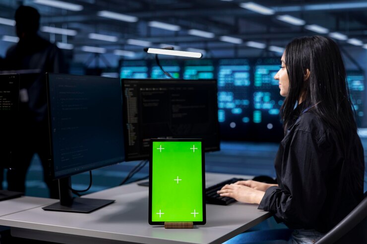 Foto administrador en el centro de datos ejecutando pruebas de diagnóstico del sistema utilizando la tableta de pantalla verde