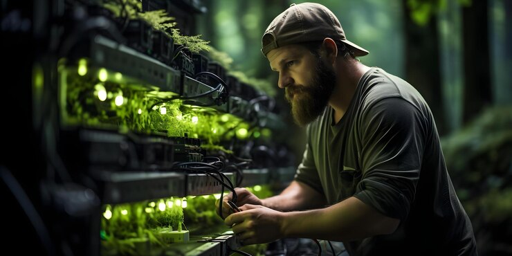 Foto administrador de sistema resolve problemas e corrige servidores em uma floresta de tecnologia verde conceito resolução de problemas de servidor ambiente de floresta de tecnoloxía verde administrador do sistema correcções técnicas
