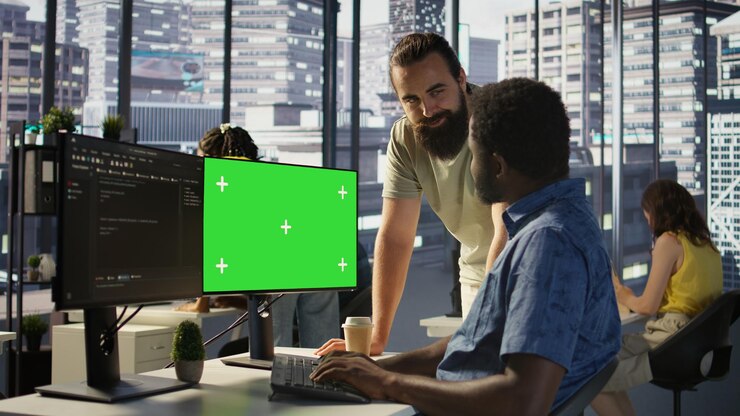 Foto administrador haciendo depuración de software en pc de pantalla verde con un colega