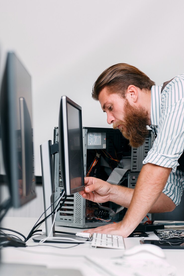Foto el administrador del sistema enciende el monitor de la computadora en la oficina. programador barbudo que conecta equipos electrónicos para trabajar. negocios, programación, concepto de lugar de trabajo