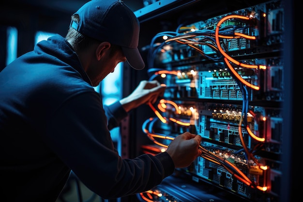 Foto administrador de sistemas cualificado que inspecciona el cableado de fibra