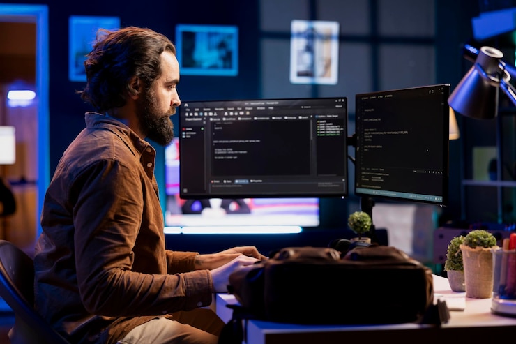 Foto administrador de sistemas trabajando desde casa probando y depurando código javascript