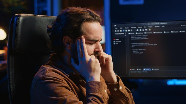 El administrador de TI molesto frotando las sienes en frustración después de no haber eliminado los errores