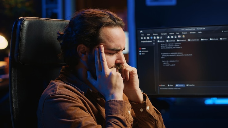 Foto el administrador de ti molesto frotando las sienes en frustración después de no haber eliminado los errores