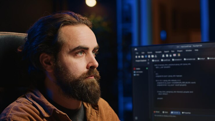 Foto administrador de ti pensando y bebiendo café mientras trabaja en la pc temprano en la mañana