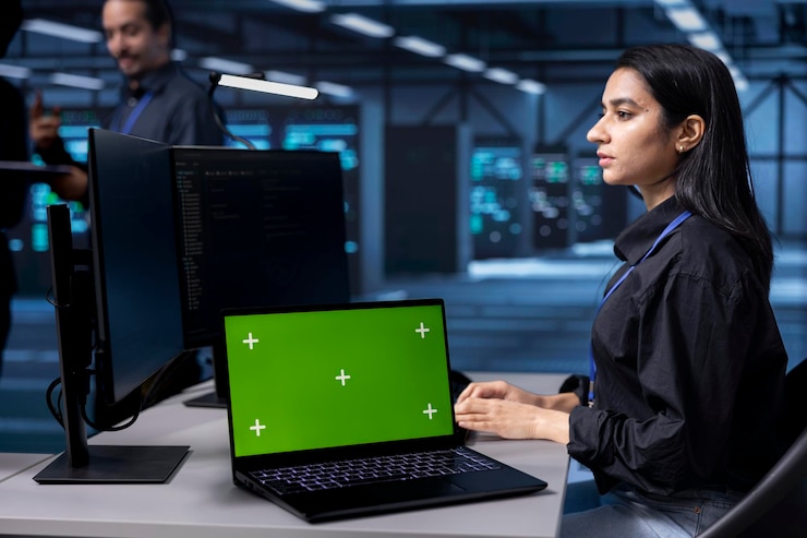 Foto administrador trabajando en una computadora portátil de pantalla verde en dispositivos de almacenamiento de alojamiento de centro de datos