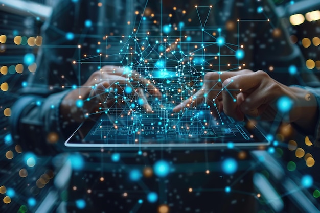 El administrador utiliza una tableta en el centro del servidor para mantener redes neuronales de IA que simulan el pensamiento humano en la nube.