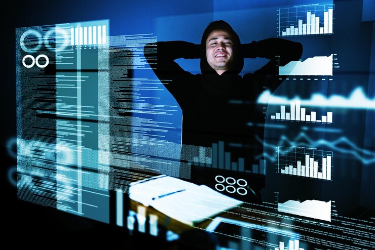 Foto admirando un trabajo bien hecho retrato de un programador informático satisfecho mirando su trabajo a altas horas de la noche