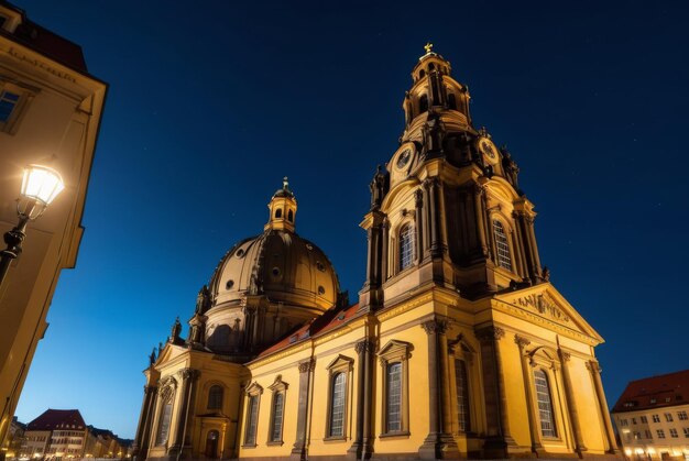 Admire la Frauenkirche en Dresde Alemania bajo el cielo nocturno su silueta