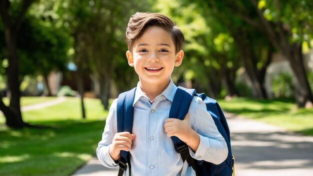 Foto admisión de graduación y nuevo semestre un niño lindo e inteligente llevando una mochila y sonriendo brillantemente