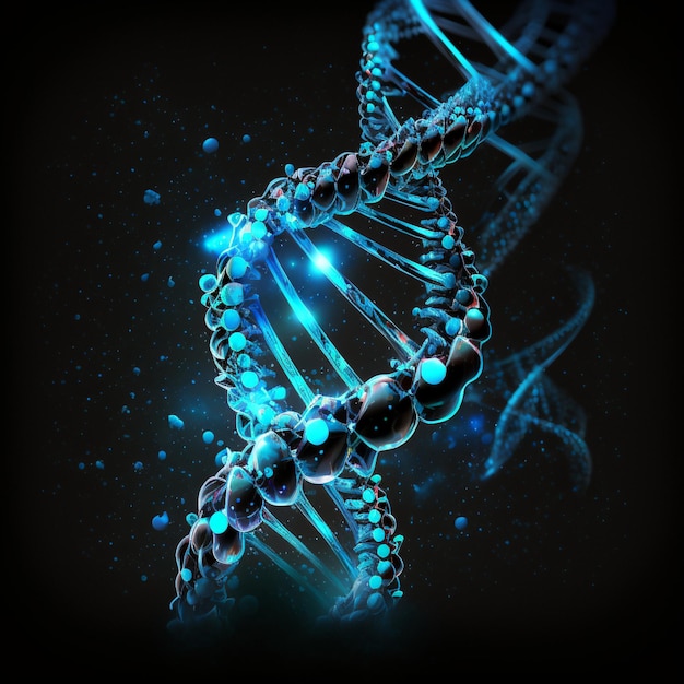 ADN azul ilustración brillante fondo negro IA generativa