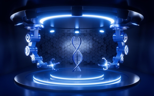 ADN con brazos mecánicos en la representación 3d de fondo de neón