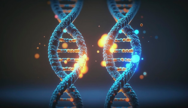 El ADN del cromosoma azul y la materia química de la luz parpadeante que brilla gradualmente cuando la cámara se mueve de cerca Concepto de salud genética médica y hereditaria Tecnología ciencia Representación 3D Generar Ai