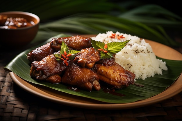 Adobo de pollo suculento, brillo profundo y acabados adornados