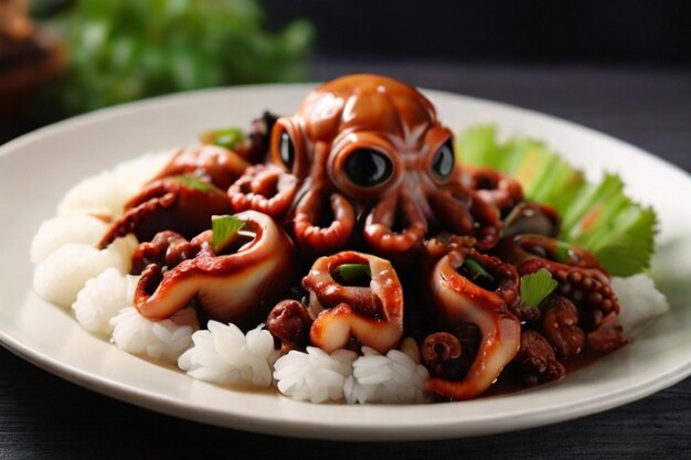 Foto adobong pugita, un sabroso plato de pulpo servido con arroz al vapor