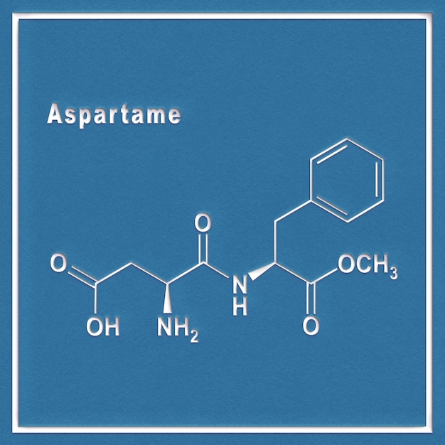 Adoçante artificial aspartame, fórmula química estrutural em um fundo branco