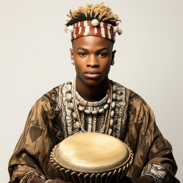 Foto adolescente africano praticando o tambor djembe