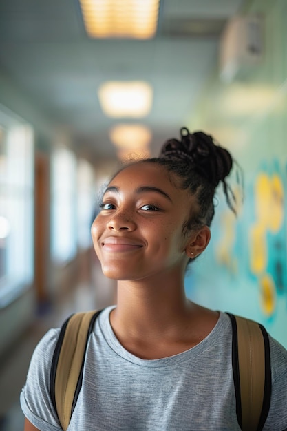 Foto adolescente afro-americana no corredor da escola.