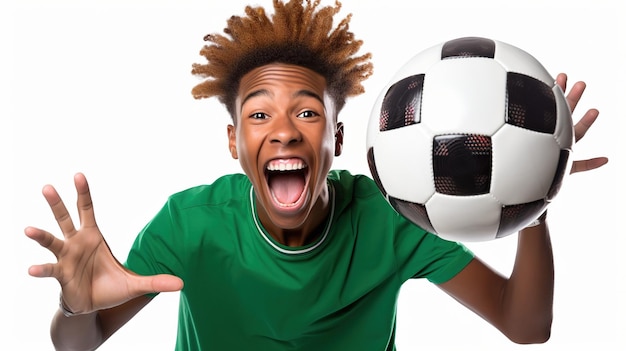 Foto adolescente afro-americano segurando uma bola de futebol em fundo branco