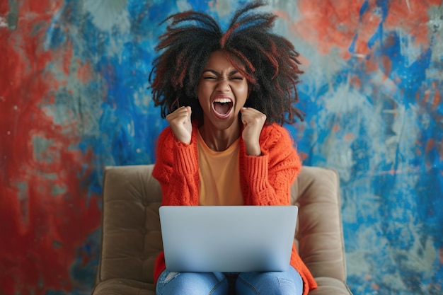 Adolescente afroamericana emocionada y celebrando con una computadora portátil gritando y puño en las manos ganadora del concurso