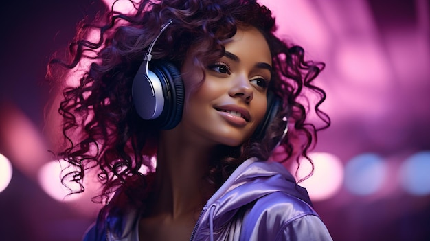 Adolescente afroamericano de moda posando con auriculares bailando canciones de DJ bajo luces fluorescentes violetas mientras se divierte con melodías geniales