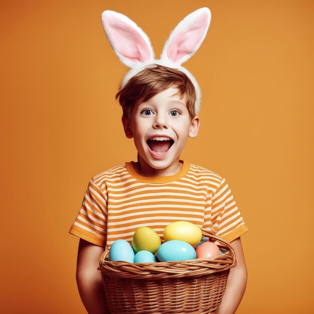 Foto un adolescente alegre se ríe con orejas falsas blancas para la pascua