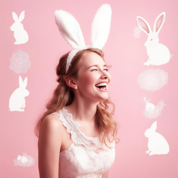 Un adolescente alegre se ríe con orejas falsas blancas para la Pascua
