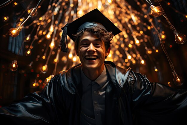 Foto adolescente, aluno do último ano do 12º ano, com boné e vestido de formatura, jogando boné no ar, longa exposição, 16k de altura