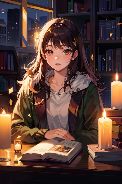 Una adolescente anime en una biblioteca generada por ai.