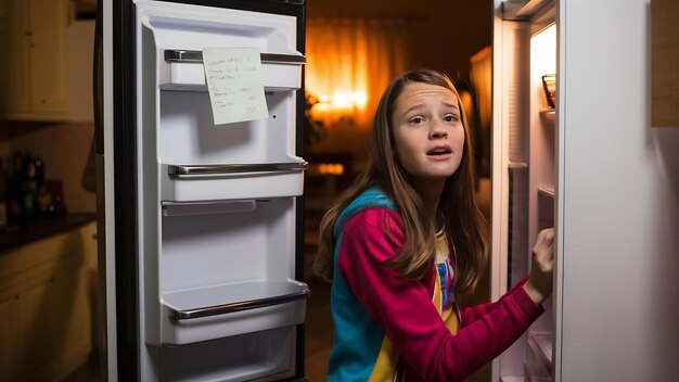 Foto adolescente ao lado do frigorífico vazio