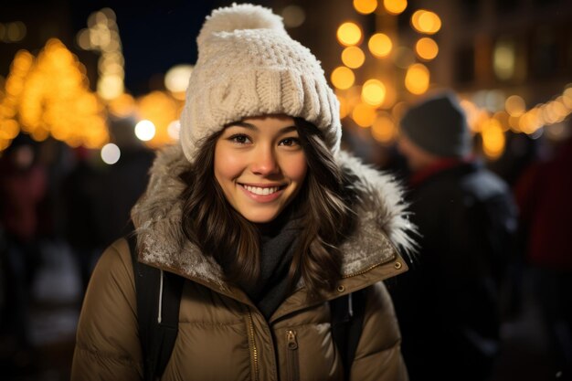 Foto una adolescente asiática sonriente de pie en la ciudad