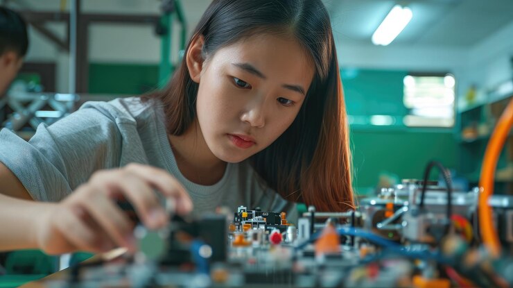 Foto adolescente asiático haciendo un proyecto de robot en el aula de ciencias tecnología de programación robótica y concepto de educación stem