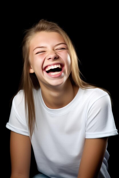 Foto adolescente atractiva con una camiseta blanca y riendo creada con ai generativo