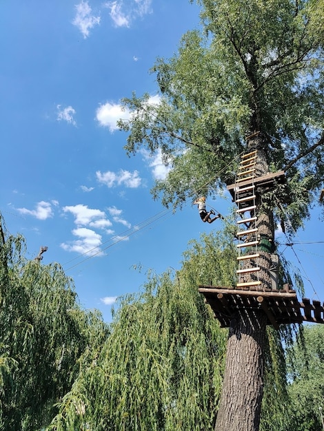 Un adolescente baja por la cuerda en un teleférico en un parque de atracciones de cuerdas