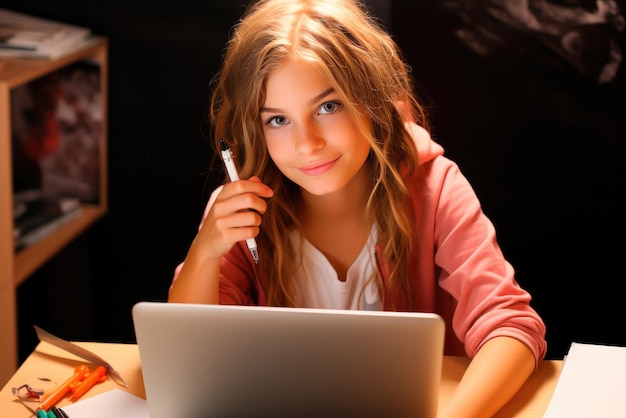 Una adolescente blanca sentada en una mesa con una computadora portátil estudiando en línea