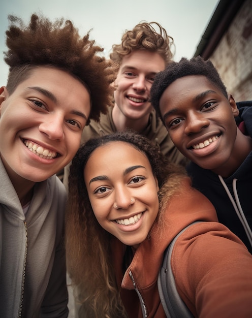 Adolescente Bliss sorrindo selfie interracial de quatro amigos adolescentes