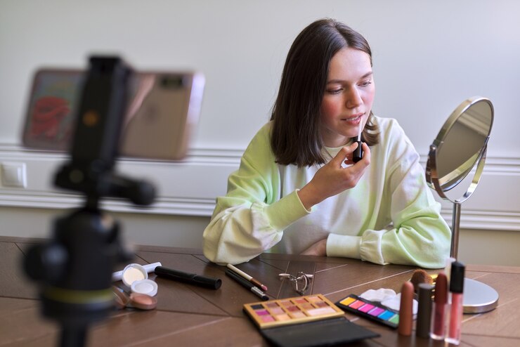 Foto adolescente, bloguera de belleza filmando video para blog de canal, mostrando brillo de labios. contando y mostrando el maquillaje que usa y hace maquillaje natural invisible. belleza, tecnología, comunicación, adolescentes en línea.