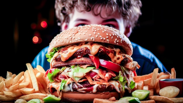 Foto adolescente con el cabello marrón ojos ansiosos una hamburguesa apilada con papas fritas listas para comer