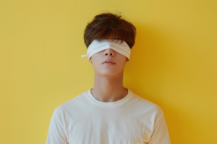 Adolescente con el cabello rizado y los ojos vendados contra un fondo amarillo brillante que evoca temas de misterio e introspección