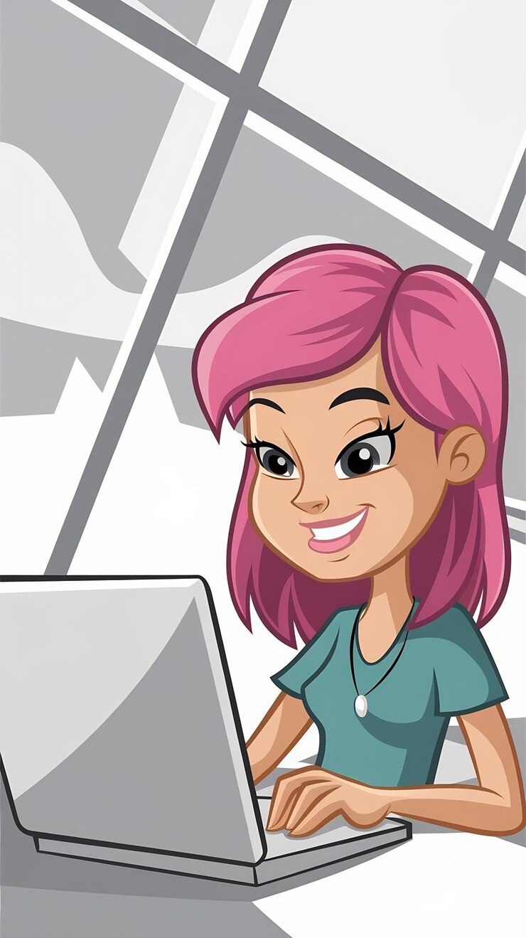 Foto adolescente con cabello rosa usando una computadora portátil para aprender tutoriales y entretenimiento de dibujos animados