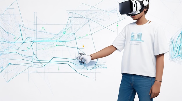 Adolescente con una camiseta blanca usando gafas de realidad virtual con tecnología