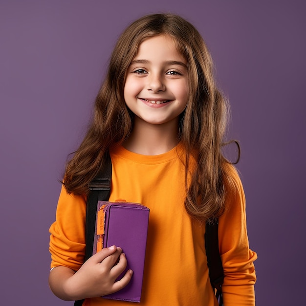 Adolescente con camiseta naranja con artículos esenciales de viaje