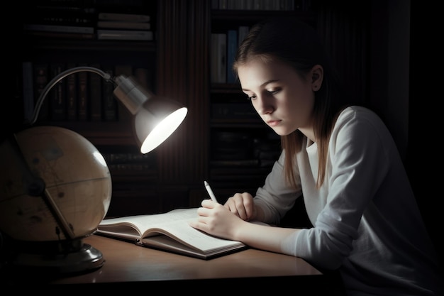Adolescente caucasiana feminina fazendo lição de casa na sala de estudo estudando inteligente Generative AI AIG23